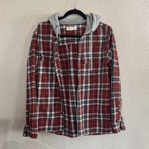 Aeropostale Red Plaid Button-Down Shirt with Gray Hood